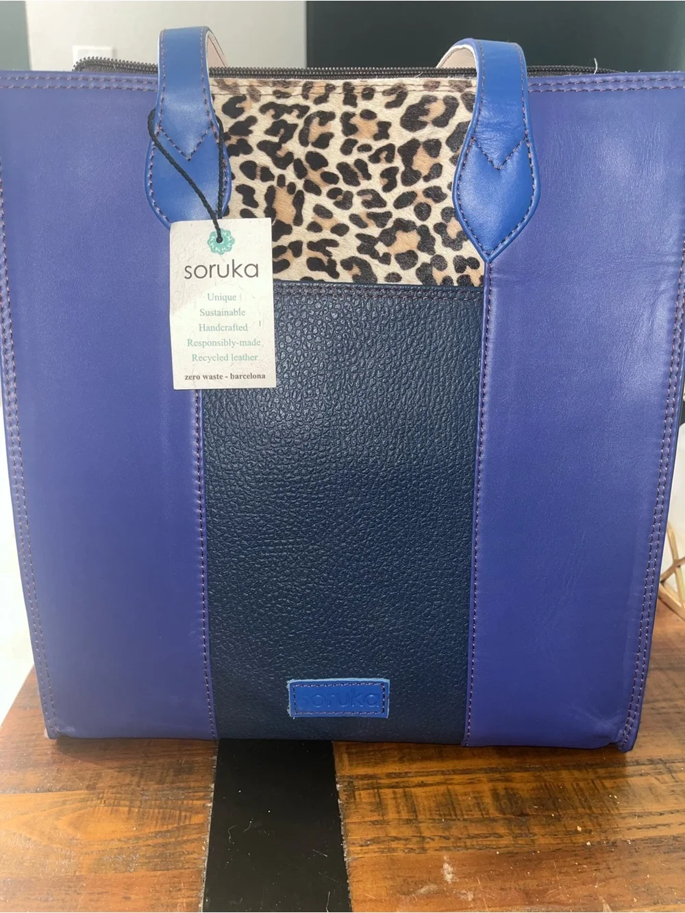 Soruka Blue Leather Tote with Leopard Accent Panel